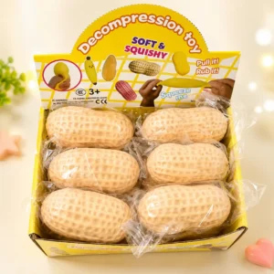 display box with individually wrapped peanut shell shaped squishy toys