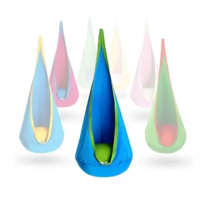 teardrop shaped chair hangs from ceiling and has a pillow at the bottom