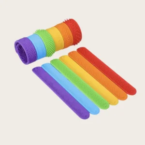slap bracelets in purple, blue, green, yellow, orange and red with different textures on each one