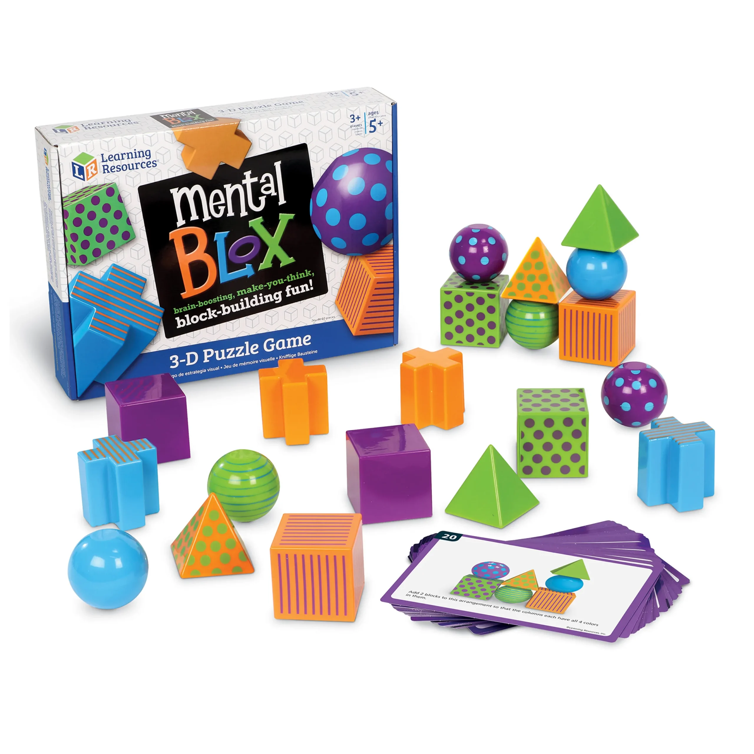 blocks in cube, pyramid, sphere and plus shapes in multiple colors and patterns, shown with a deck of cards.