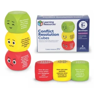 red yellow and green cubes with expressions and writing on each side