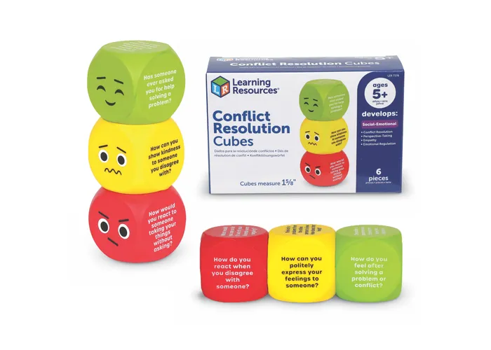 red yellow and green cubes with expressions and writing on each side