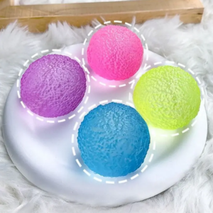 textured squish toys in purple, pink, green and blue