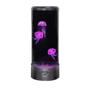 black plastic base and top with black liquid inside with 3 pink fake jellyfish floating inside