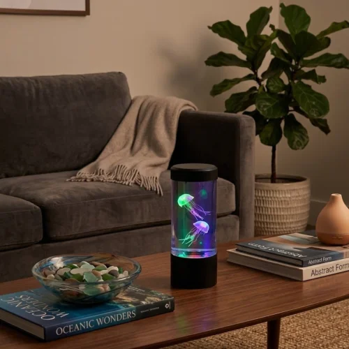 jellyfish lamp on a coffee table