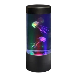 cylinder with black base and top with liquid and 2 jellyfish with lights flowing green, magenta and blue