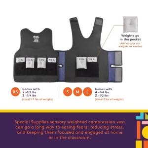 Xs comes with two 1/2 lb weights and two 1/2 lb weights. Sizes S, M, L come with four 1/4 lb weights and two 1/2 lb weights. Can add or take out weights as needed.