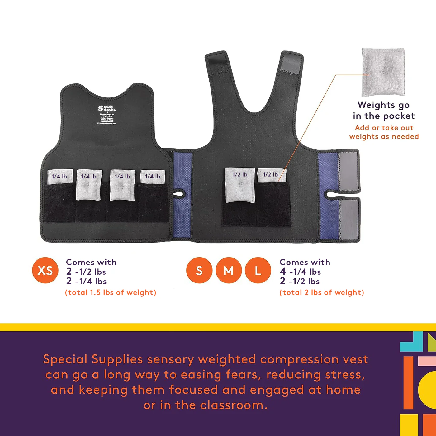 Xs comes with two 1/2 lb weights and two 1/2 lb weights. Sizes S, M, L come with four 1/4 lb weights and two 1/2 lb weights. Can add or take out weights as needed.