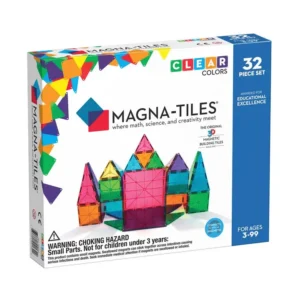 magnatile box with different colored tiles in big and small square and triangle shapes