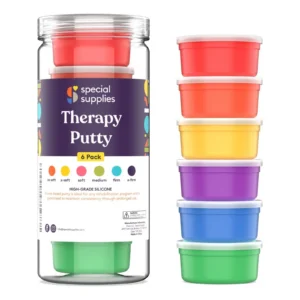 therapy putty in 6 plastic containers with lids in rainbow colors red, orange, yellow, purple, blue and green