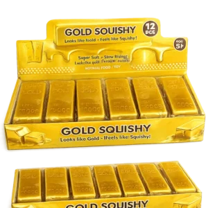 yellow display case with rectangular gold squishy toys that look like bars of gold