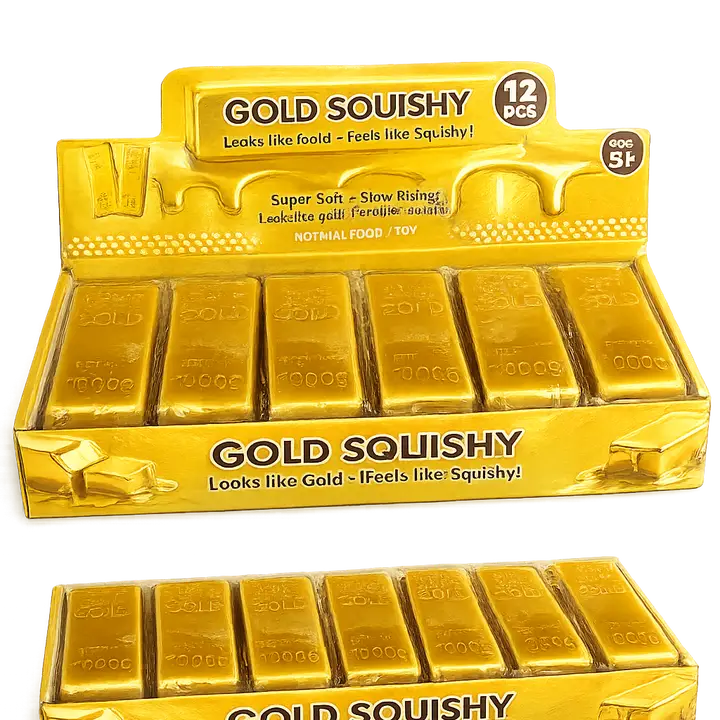 yellow display case with rectangular gold squishy toys that look like bars of gold