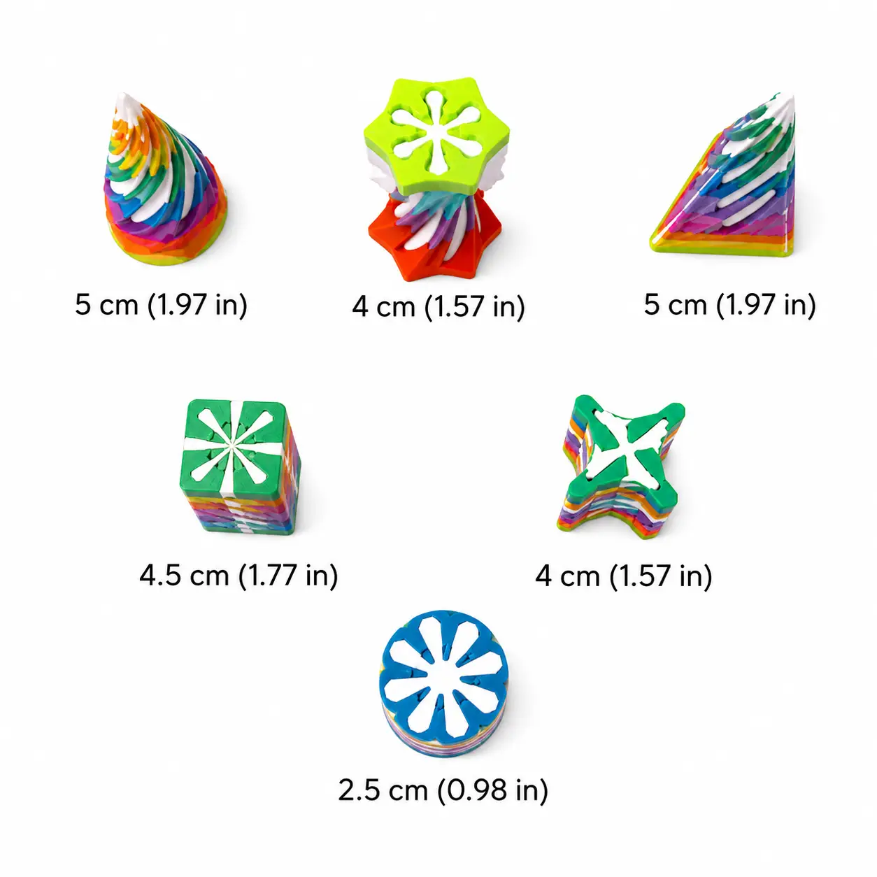 assortment of 6 fidgets ranging from 2.5cm - 5cm