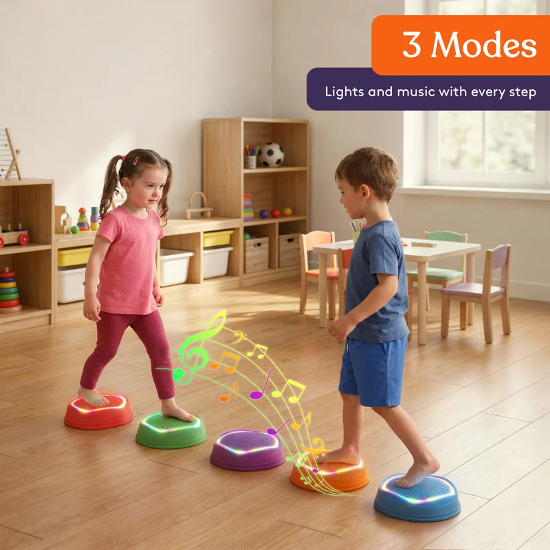 children stepping on wavy stepping stones that light up and play music