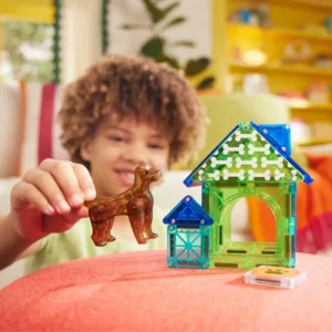 child playing with a dog house magnatile set