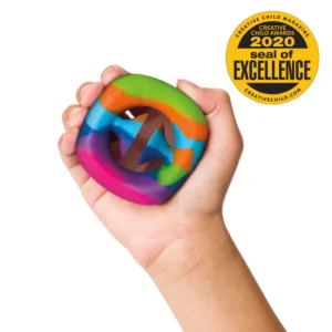creative child award 2020 seal of excellence seal by photo of hand holding rainbow colored fidget with suction cups that create a snapping noise