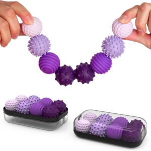 a chain of 8 silicone-covered magnetic sensory balls in light purple, lilac, mid-purple and dark purple