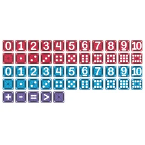 one blue set of numbers 0-10 and dots 0-10, one red set of numbers 0-10 and dots 0-10, purple set with plus sign, minus sign, equals sign, greater than, and blank