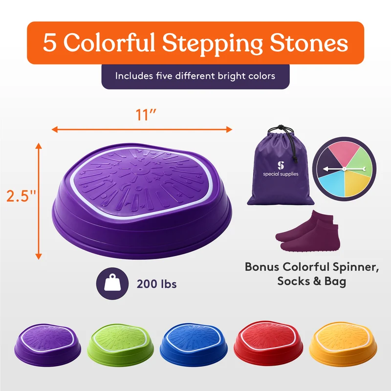 5 different colors wavy stepping stones are 11" x 2.5" height, safe to 200 lbs. includes colorful spinner, grip socks and drawstring bag