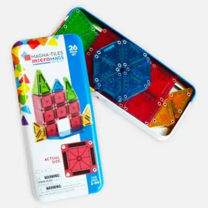 Travel case printed with small tower made of mini magnatiles with different shaped tiles inside