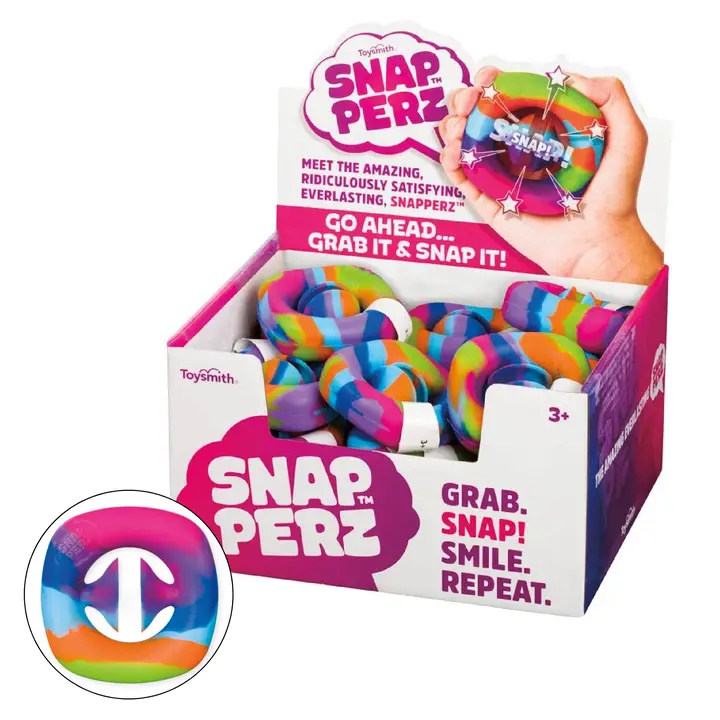 display case of rainbow colored fidgets with suction cups that create a snapping noise