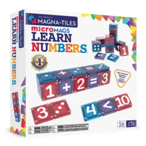 Box of Magnatiles with numbers, dots and mathematical symbols printed on the sides