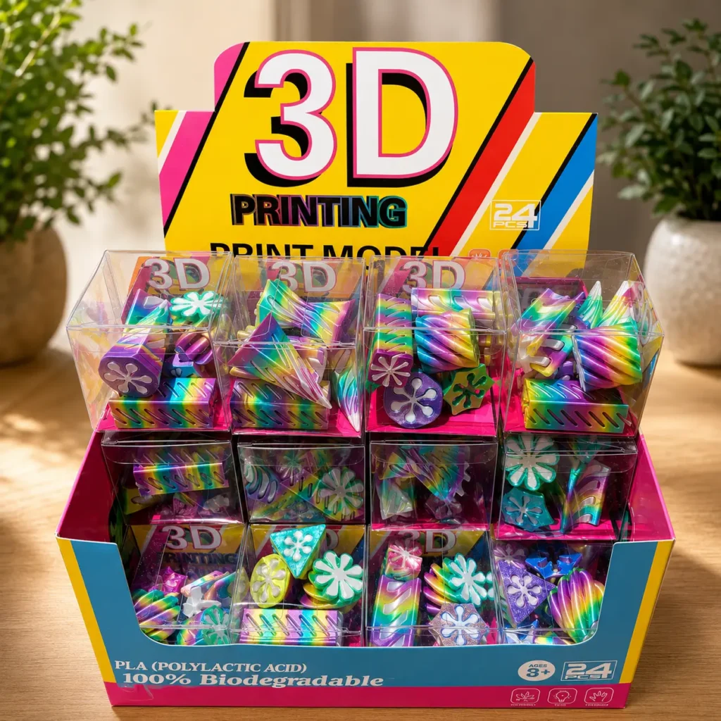 display of 3d printed fidgets, a set of 6 comes in a clear plastic box