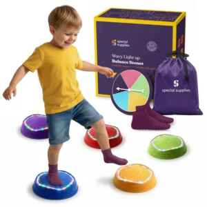 child stepping on wavy stepping stones in 5 colors with a ring of lights around the top, shown with box, bag and spinner