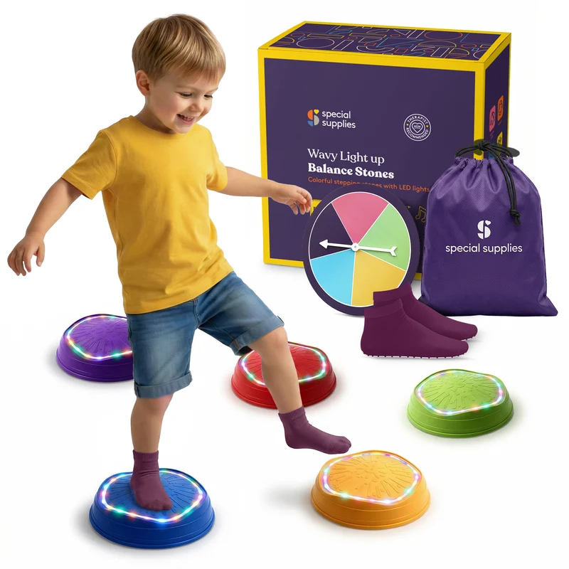 child stepping on wavy stepping stones in 5 colors with a ring of lights around the top, shown with box, bag and spinner