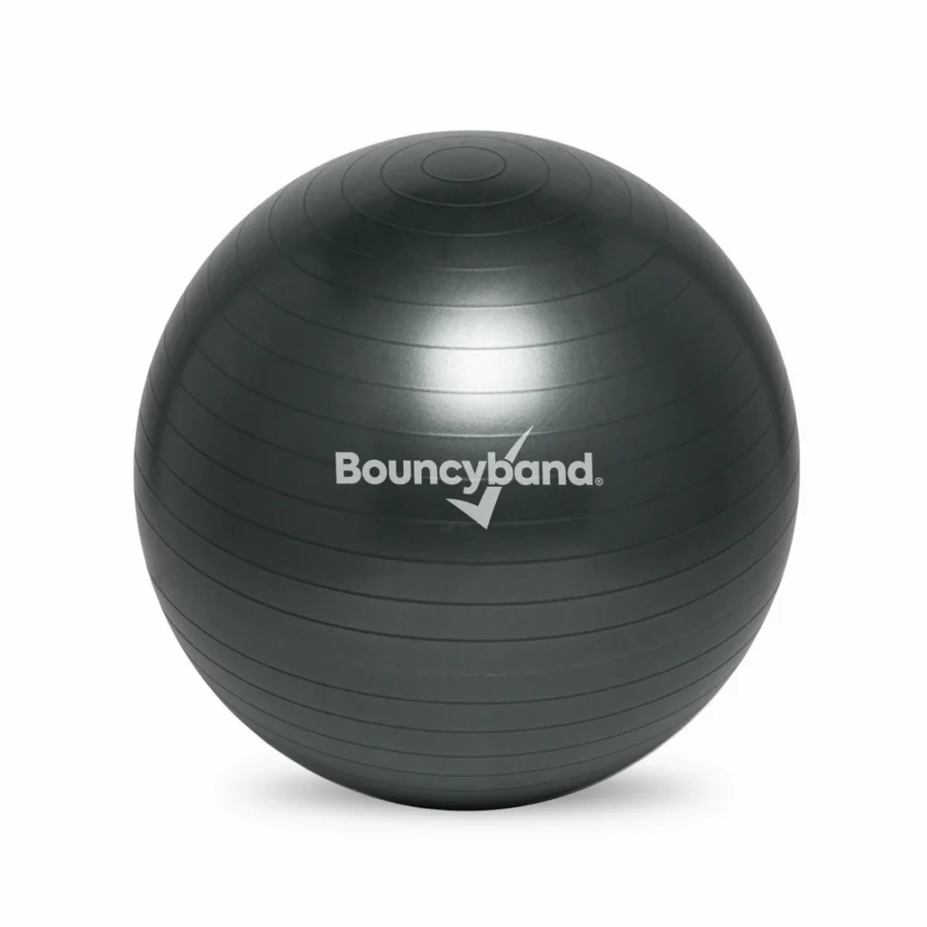 ribbed exercise ball in dark grey with Bouncyband logo
