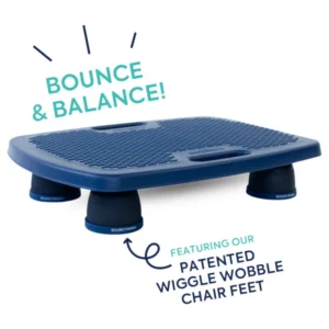 blue platform on short chair feet that wiggle and wobble so you can bounce and balance