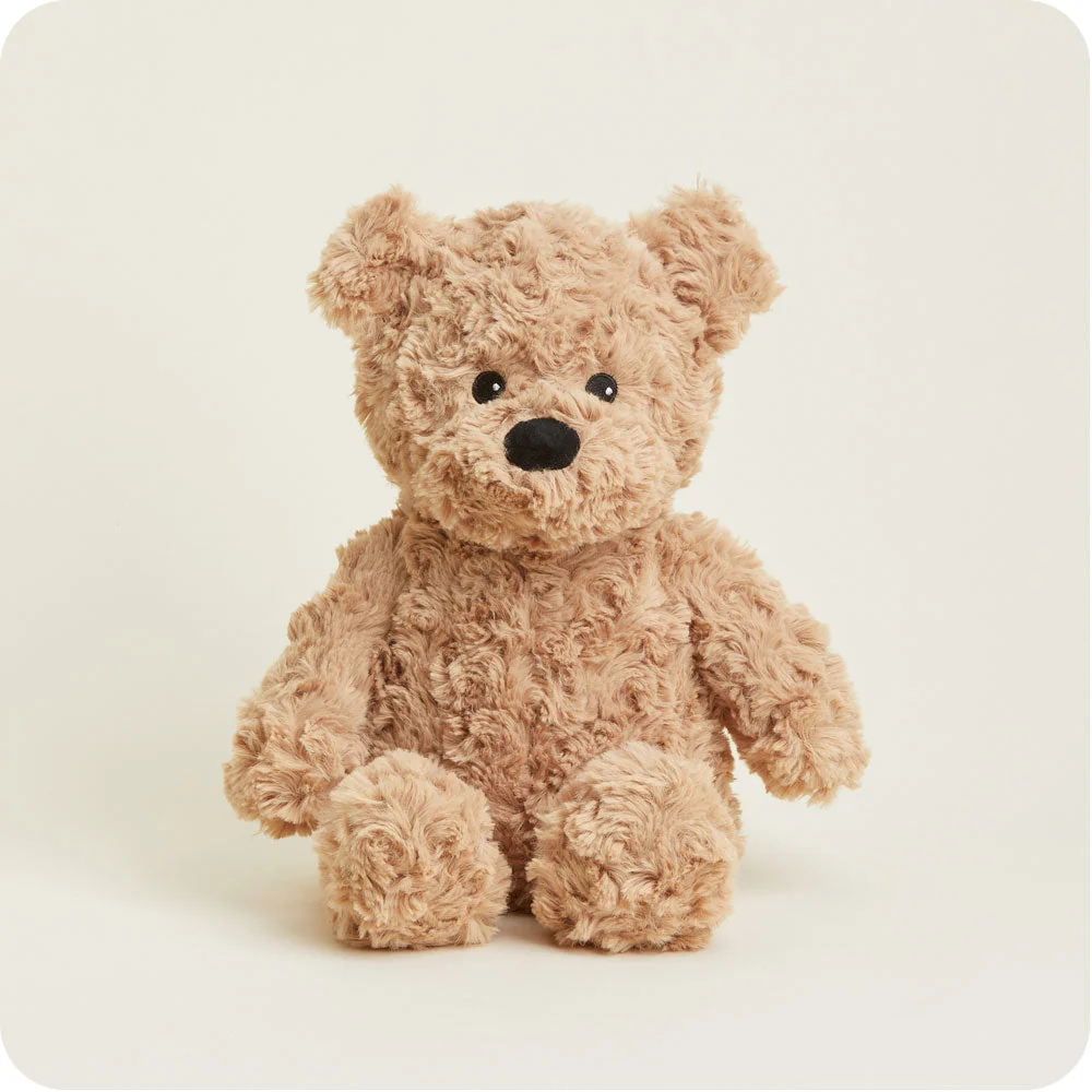 teddy bear with tan mid length fur and black eyes and nose