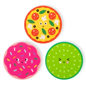 round discs shaped like a pizza, a kiwi, and a pink sprinkle donut