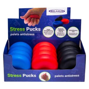 display box with rows of blue, red and black stress pucks