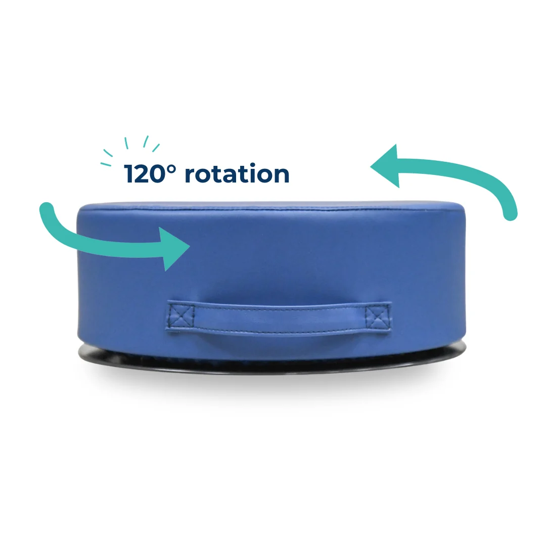 blue cylindrical shaped seat with handle at base that twists on its base up to 120 degree rotation