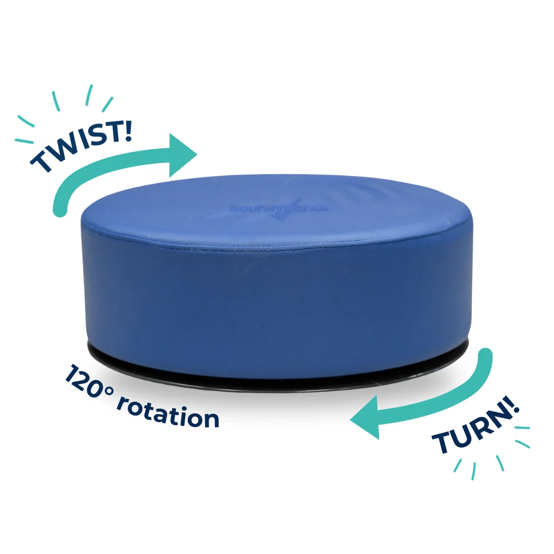 blue cylindrical shaped seat that twists on its base