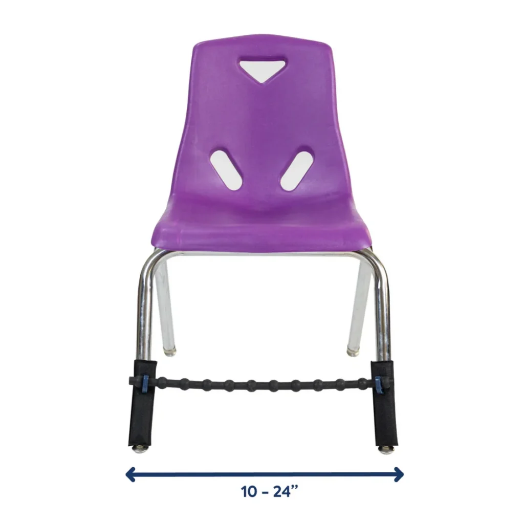 purple children's desk chair with a band across the front legs spanning 10-24"