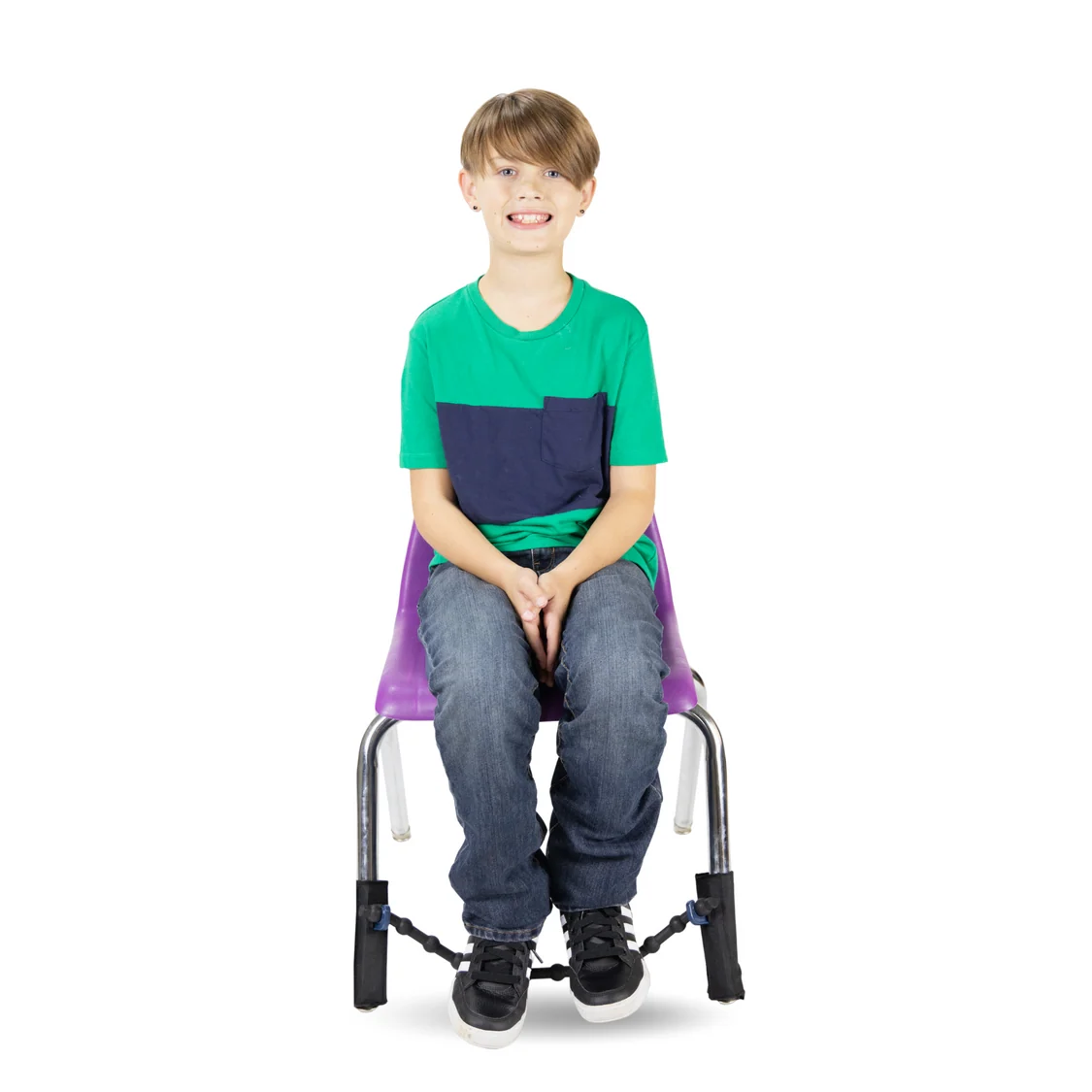 child sitting on chair with feet resting on bouncy strap between two front chair legs