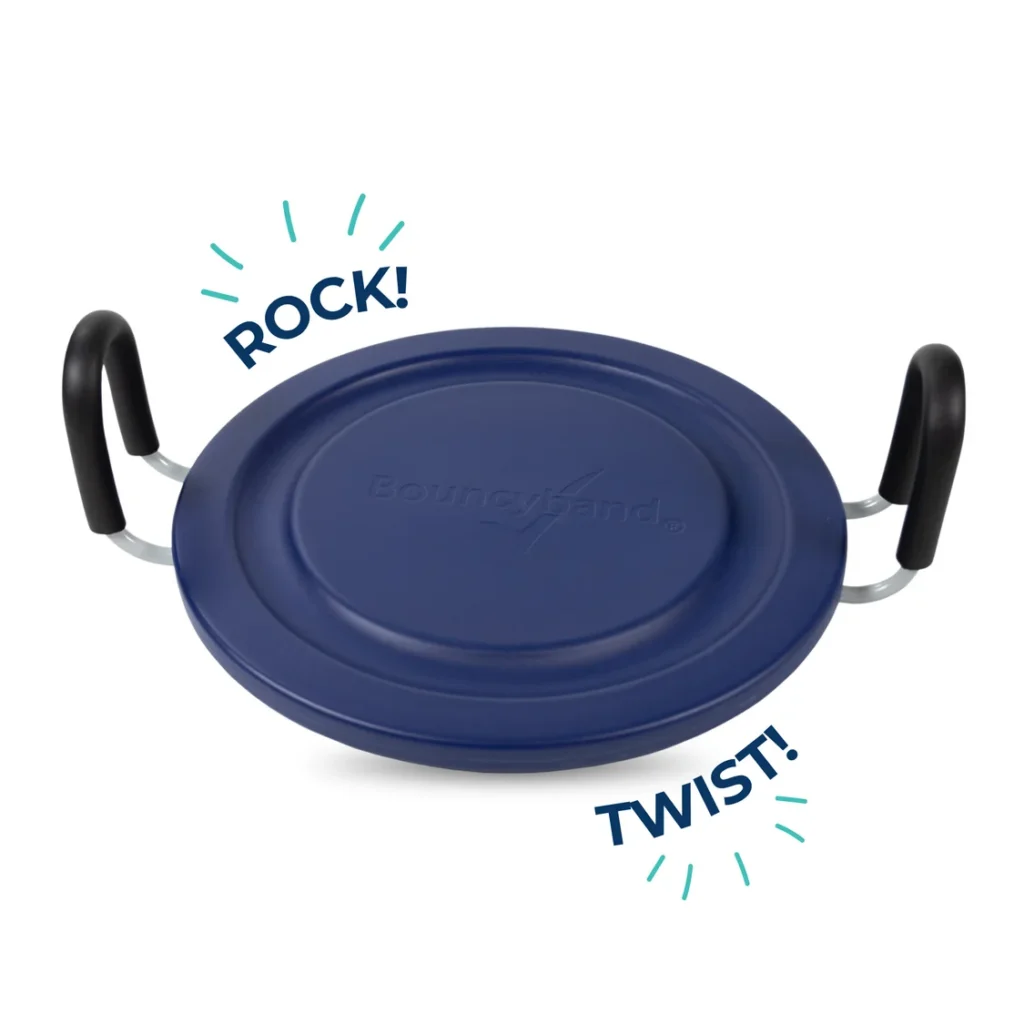 blue seat with black handles that sits unevenly on floor