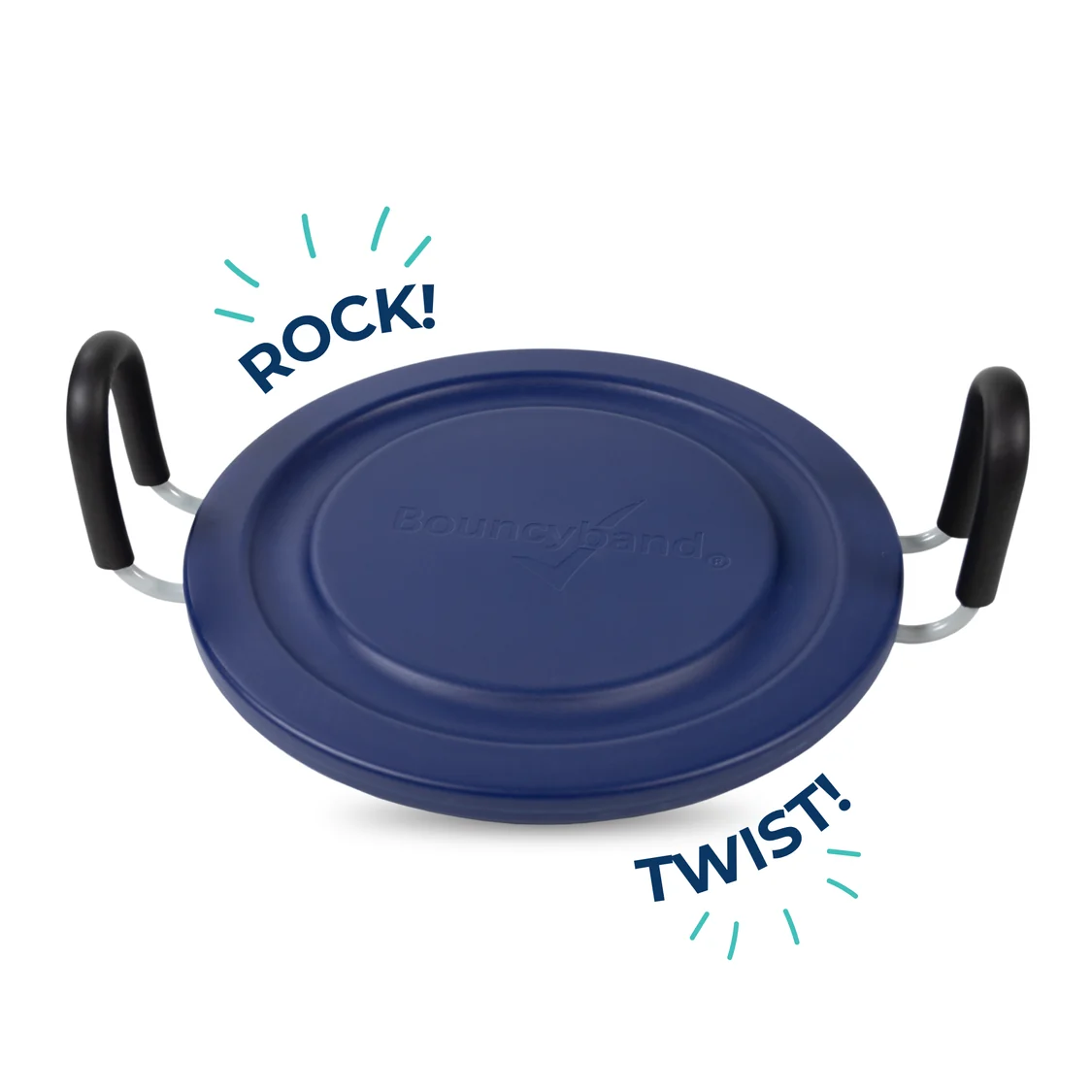blue seat with black handles that sits unevenly on floor