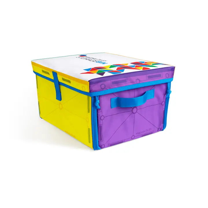 magnatiles storage bin has handles and purple and yellow sides