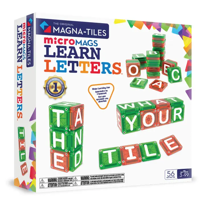 Learn Letters box has green magnatiles with letters printed and red tiles with vowels