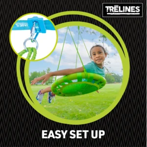 easy set up with close up on blue slack line connected to a D-ring with a loop to attach the rope supports