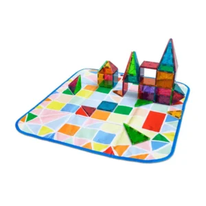 unfolded play mat with geometric print and magnatiles on top