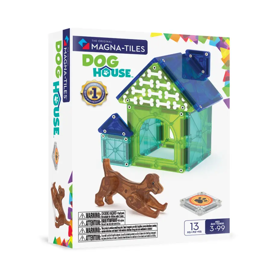 green and blue dog house with white printed dog bones, a brown dog and a paw print tile on a mix of magnatile shaped tiles