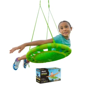 girl on green circular swing attached to two Y shaped support ropes