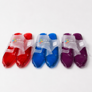 feet warmers in red, blue and purple