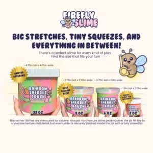 sizes of firefly slime in 32 oz, 8 oz, 6 oz and 2oz jars with lids