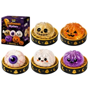 5 Halloween themed dumplings: skeleton, eye, ghost, pumpkin and purple vampire