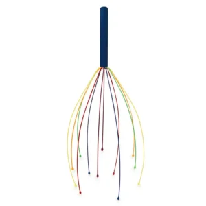 head massager with blue handle and rainbow colored prongs